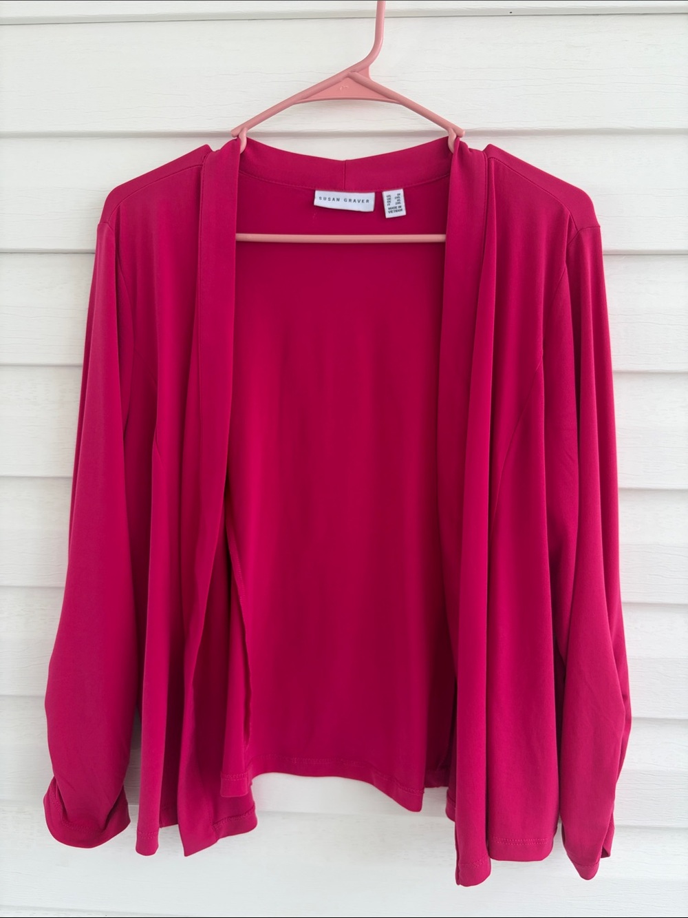 Susan Graver Fuchsia Open-Front 3/4 Sleeve Cardigan Pink Burst Career Layer Knit